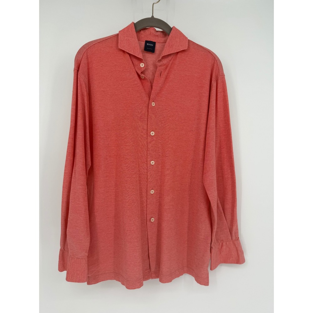 Boggi Milano Mens Coral Red Filo di Scozia Cotton Button Down Shirt Long Sleeve